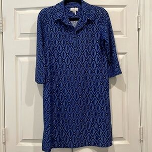 Jude Connally Susanna Shirt Dress Size Medium Blue Geometric Travel Stretch